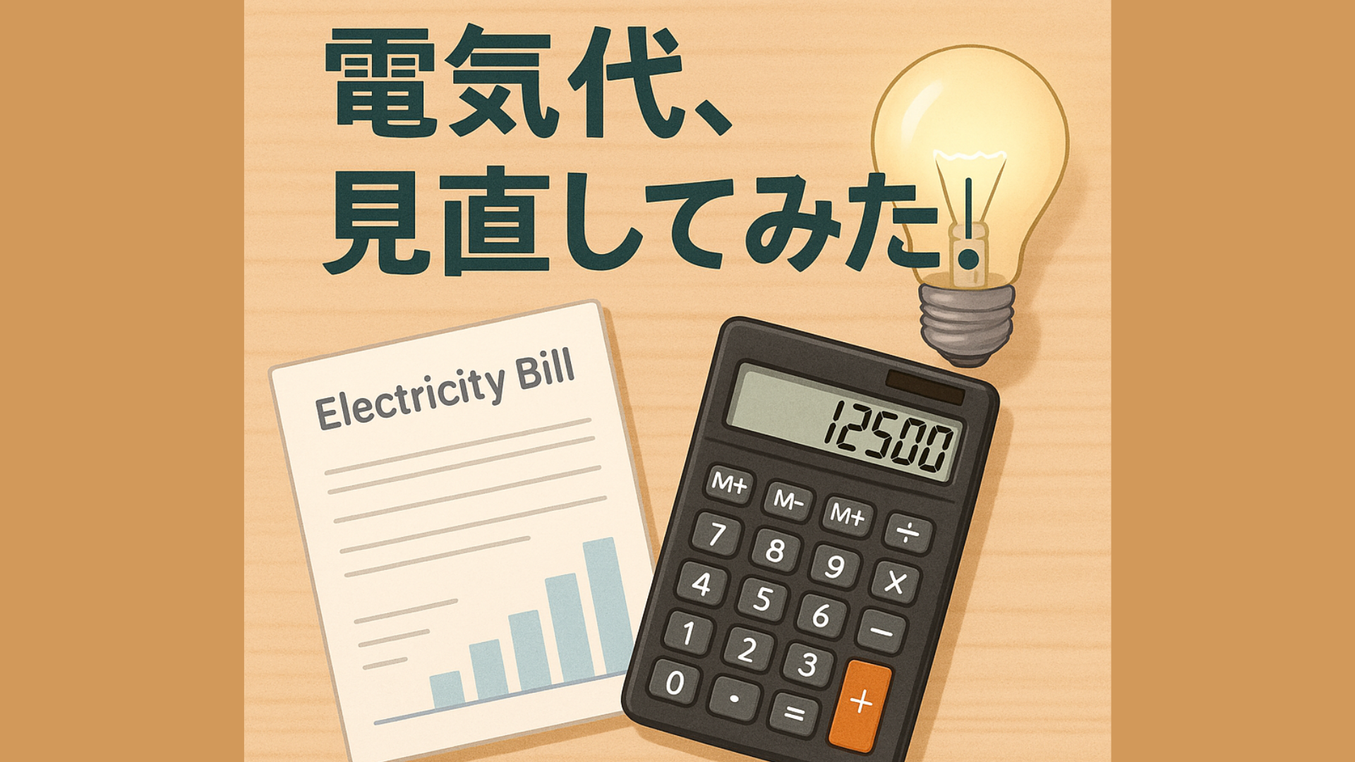 電気代見直しをテーマにしたイメージ画像（電卓と請求書・電球）