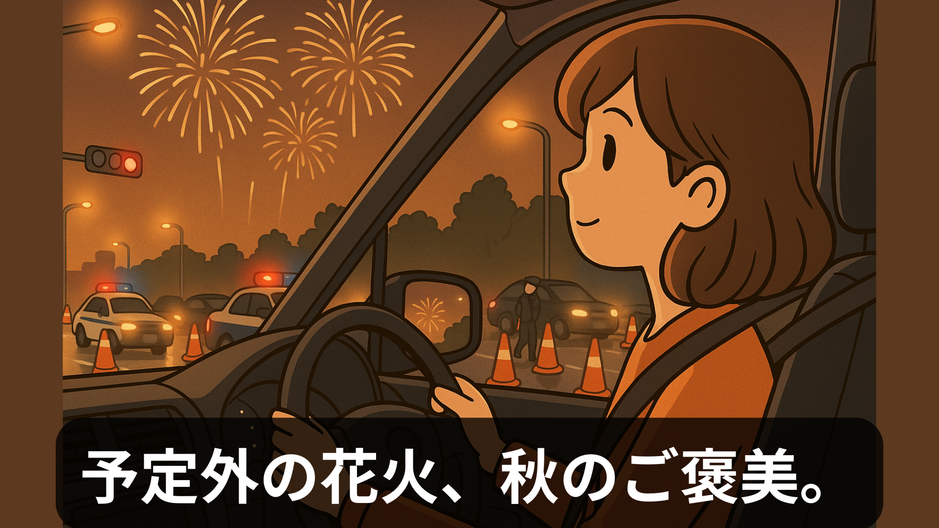 車内から秋の花火を眺める女性と交通規制の夜景(大阪)