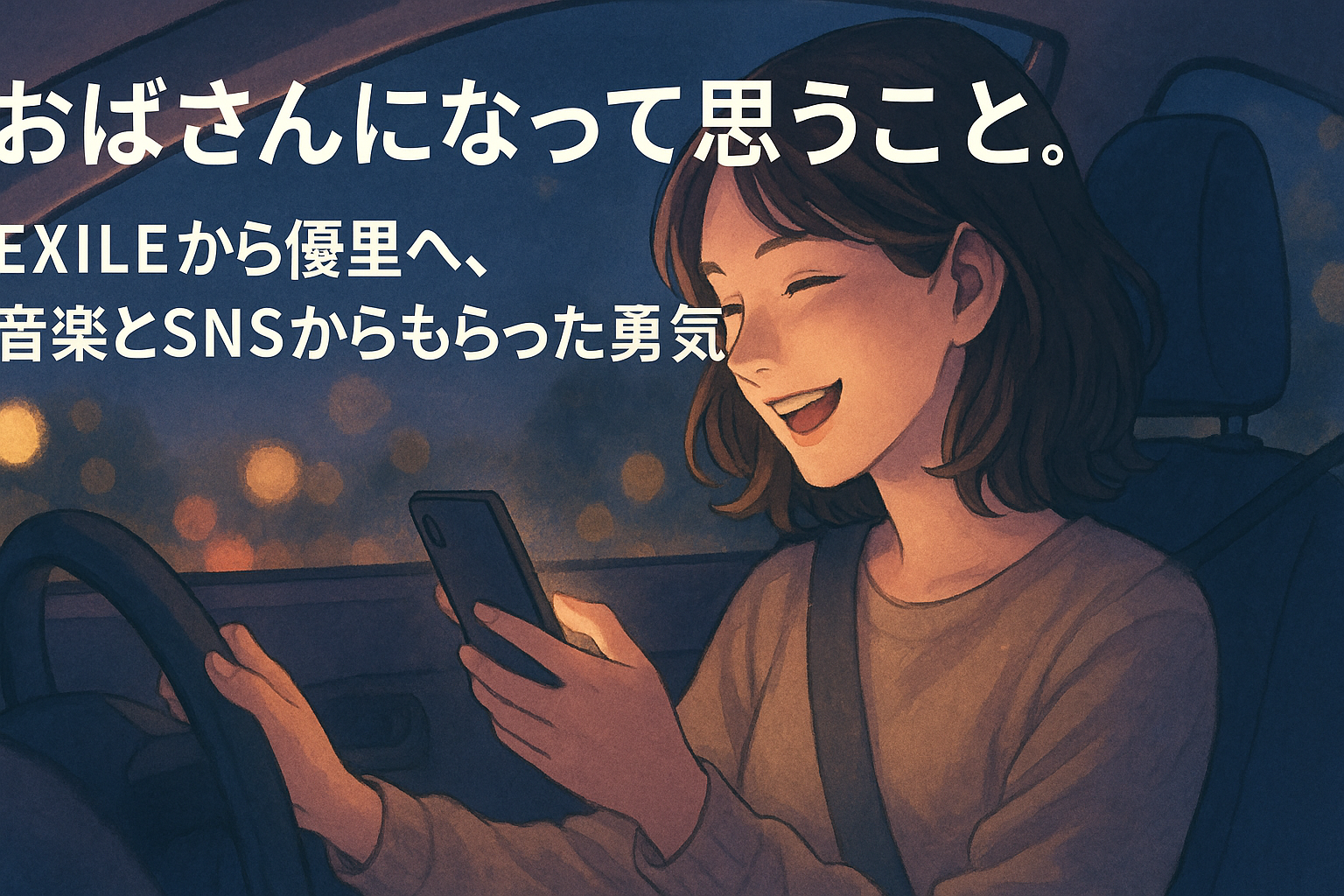夜のドライブを楽しみながらスマホを見て笑っている女性のイラスト。音楽やSNSから勇気をもらう50代の気づきを表現したアイキャッチ画像。
