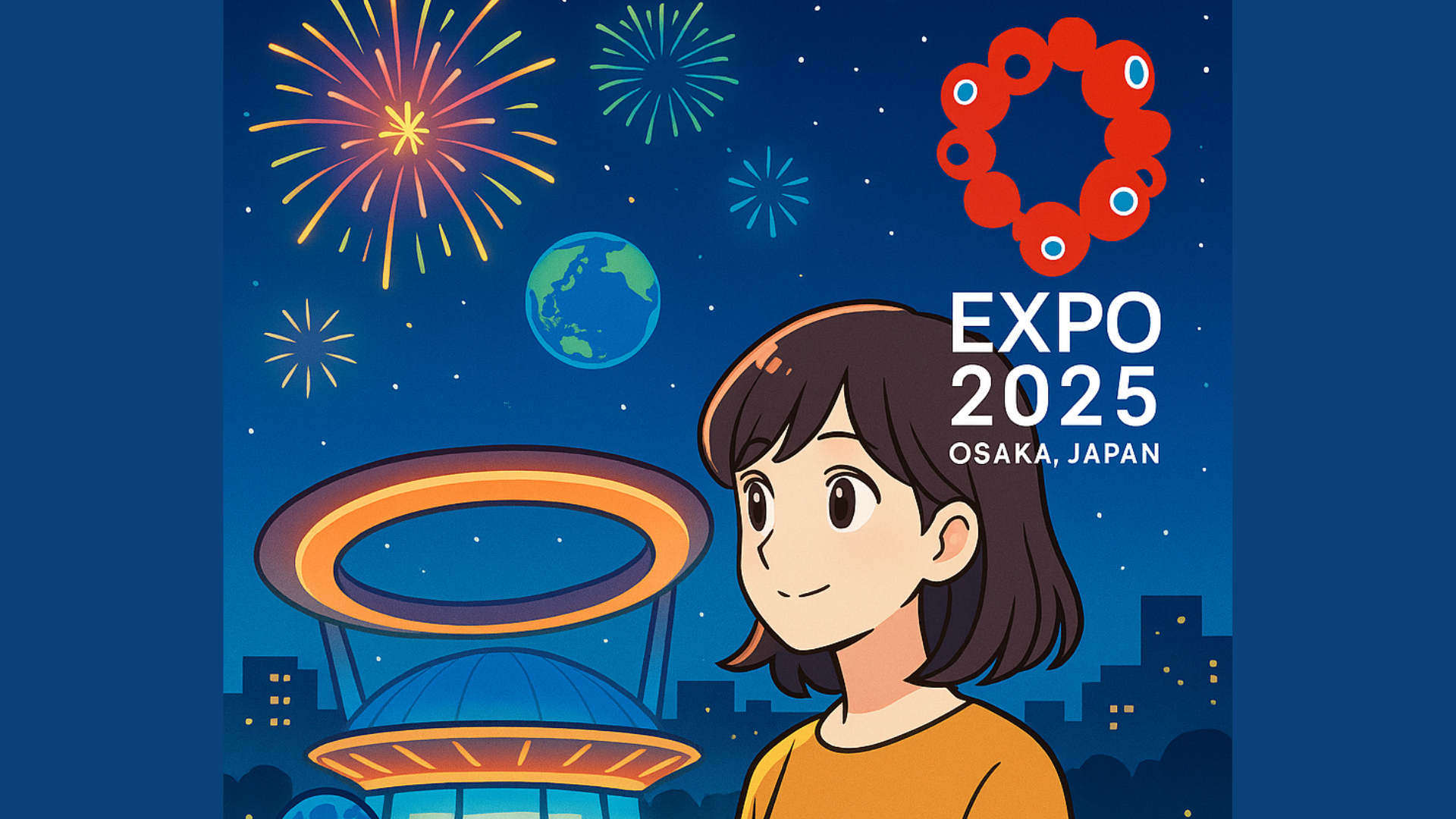 アニメ風に描かれた大阪・関西万博の夜景イラスト。花火が上がる空と大屋根リングの光が印象的なアイキャッチ画像。