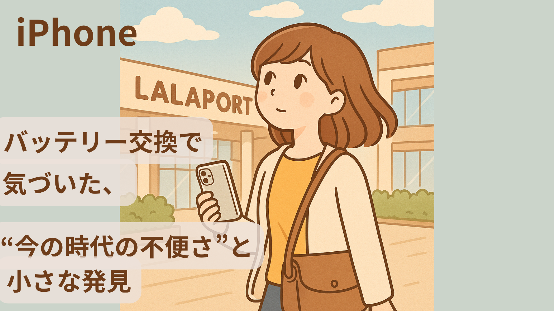 ららぽーとを背景に、iPhoneを手に持ちながら歩く女性のイラスト。バッテリー交換の帰り道に今の時代の不便さを感じている様子