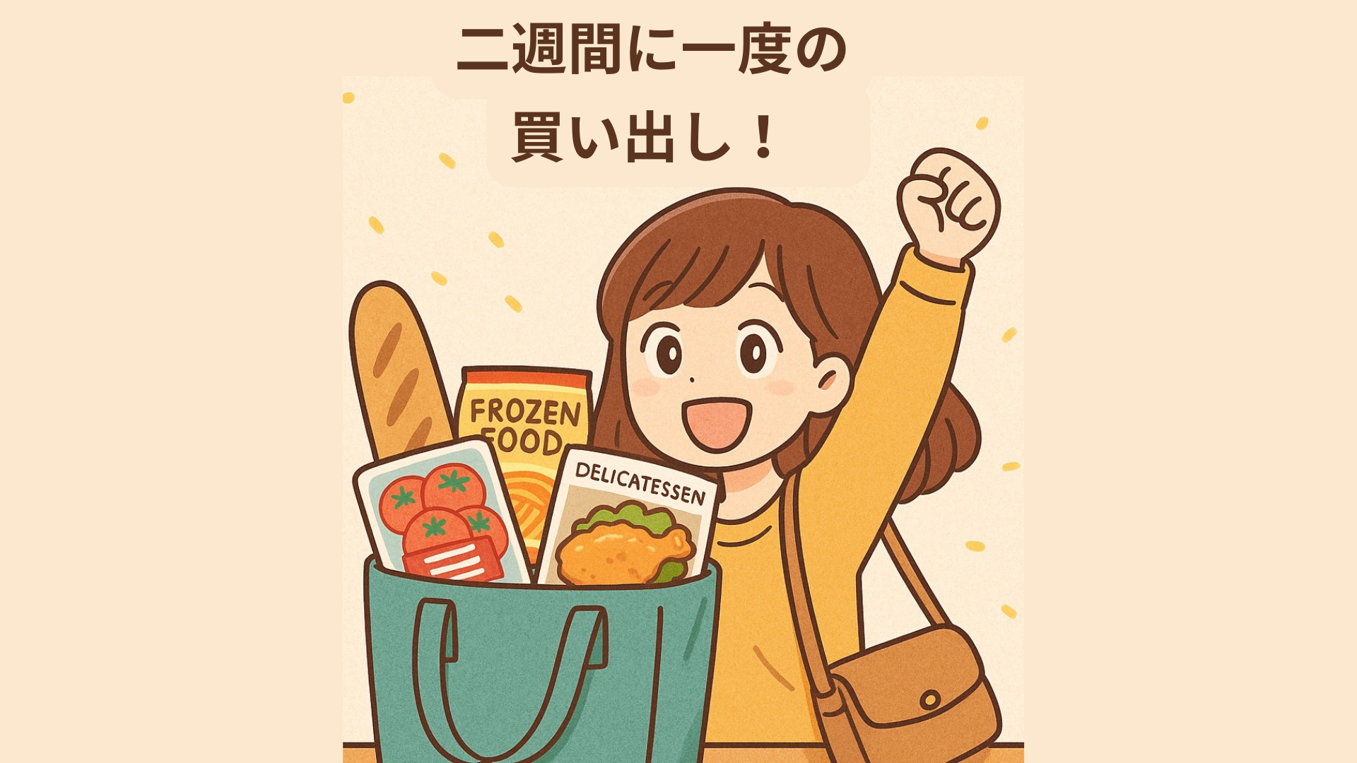 買い物袋を持って笑顔で帰宅する女性のイラスト。二週間ぶりの買い出しを楽しむ様子を描いたアイキャッチ画像。