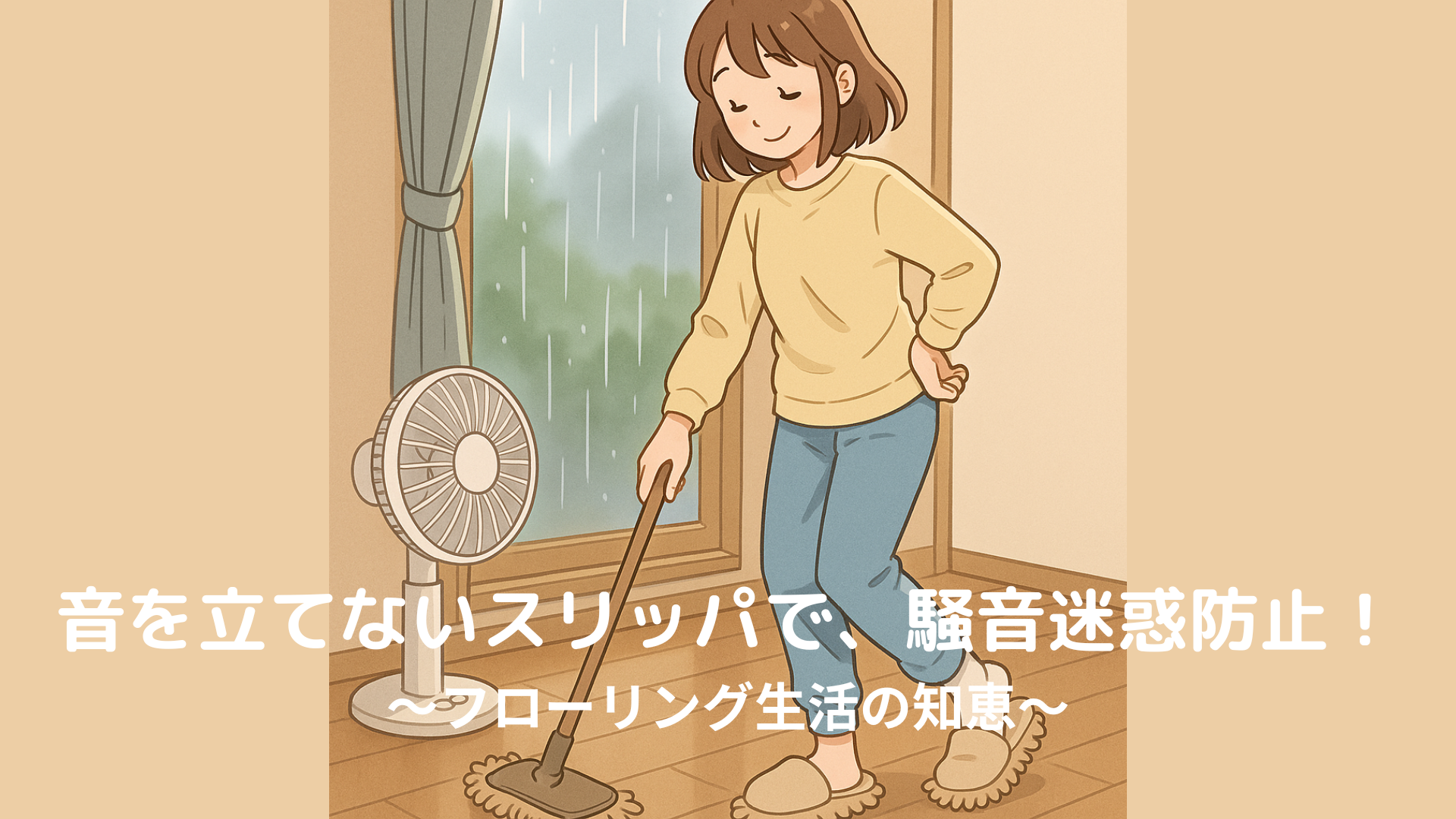 雨の日、モップ付きスリッパでフローリングを掃除する女性のアニメ風イラスト