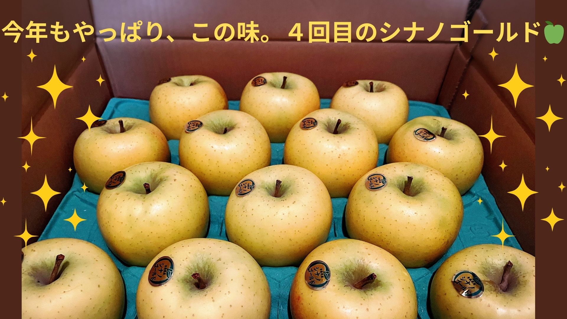 青森県産シナノゴールドりんごが箱にきれいに並んでいる写真。家庭用でも見た目が美しく、鮮やかな黄金色が特徴。