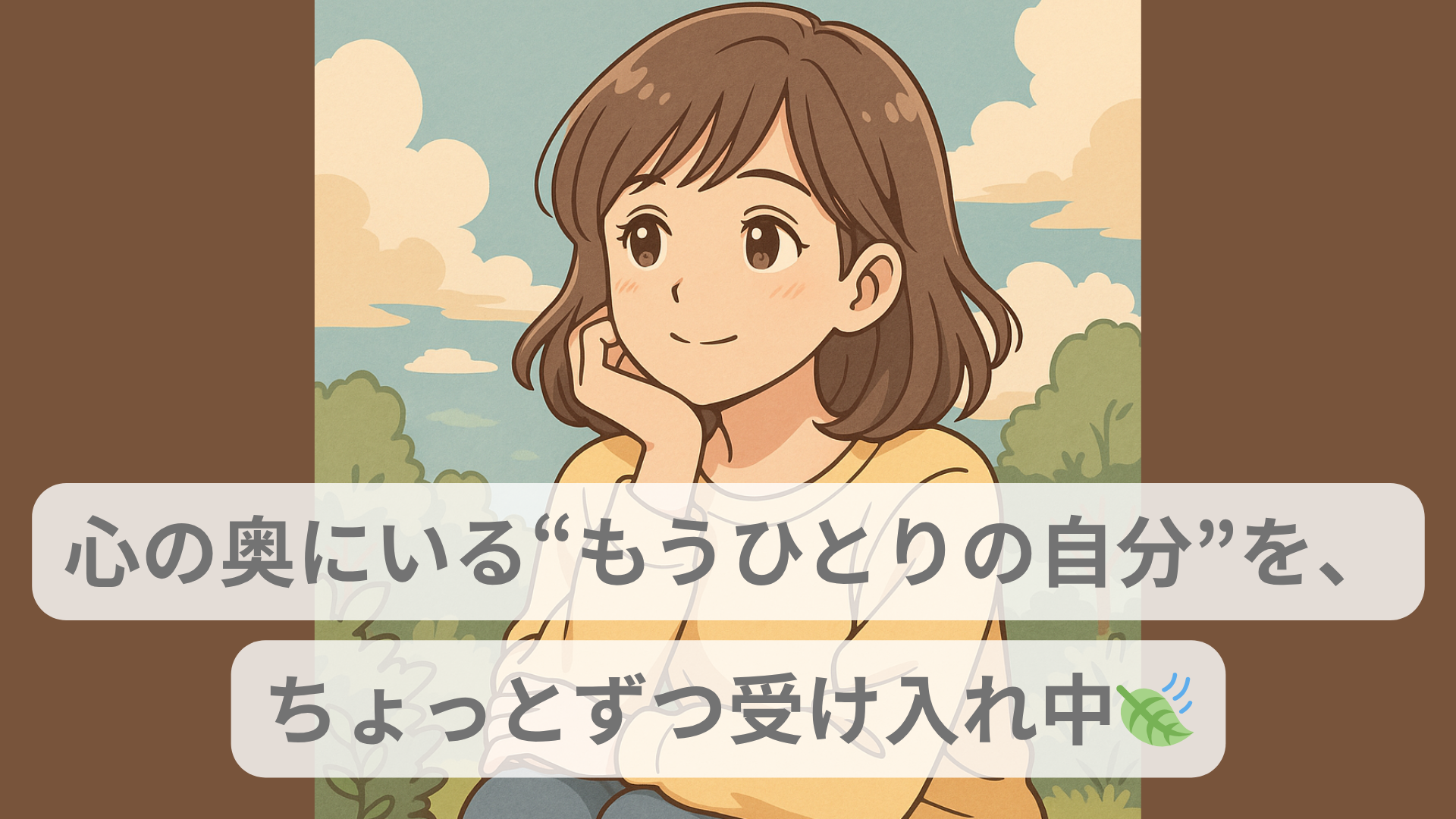 穏やかな表情で空を見つめる女性のアニメ風イラスト。木々に囲まれた公園のベンチで、心の奥の自分と向き合っている様子。