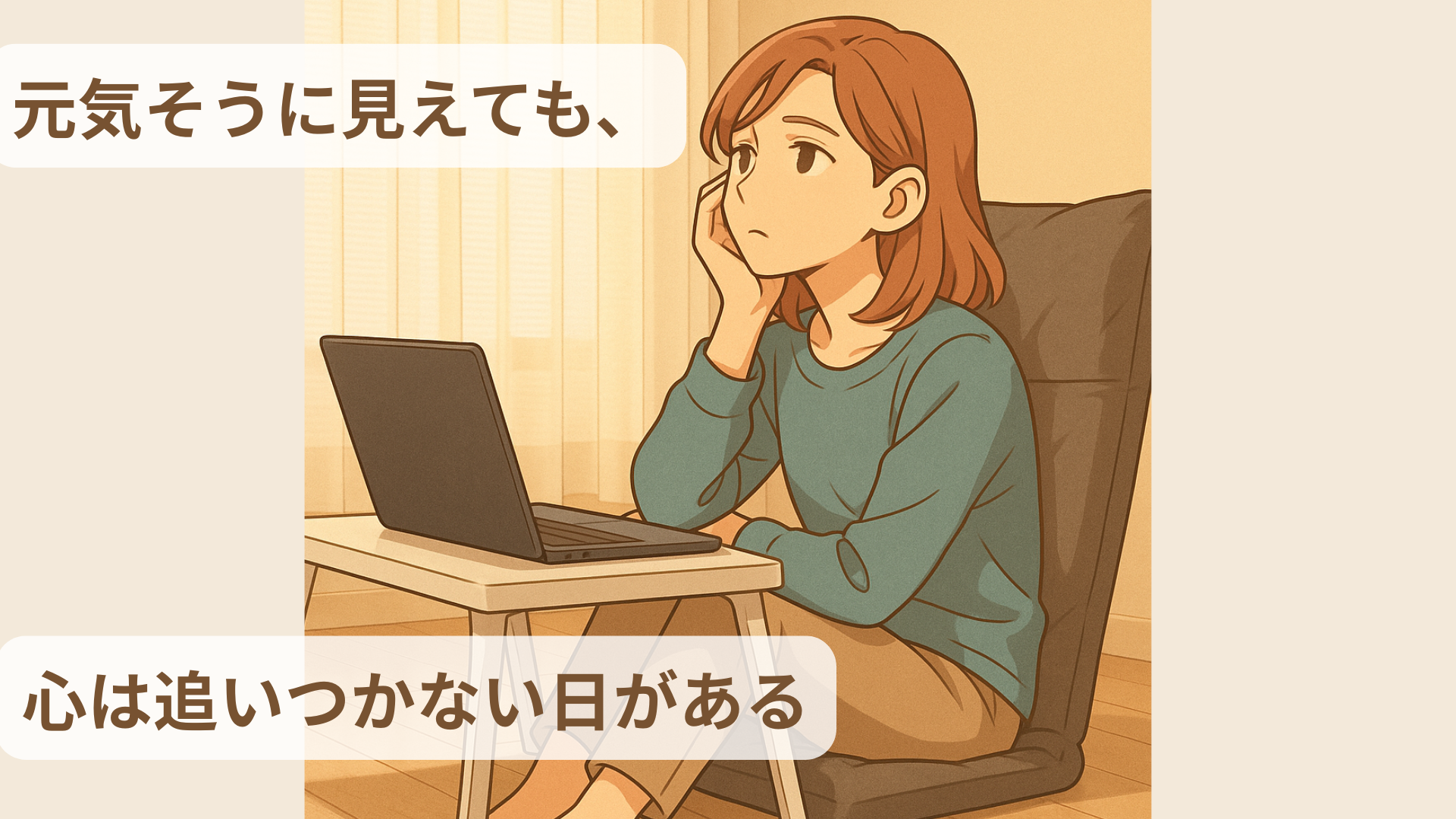 座椅子に座ってパソコンの前で考え事をする女性のアニメ風イラスト。明るい昼間の部屋で、心がついていかない日を表現したシーン。